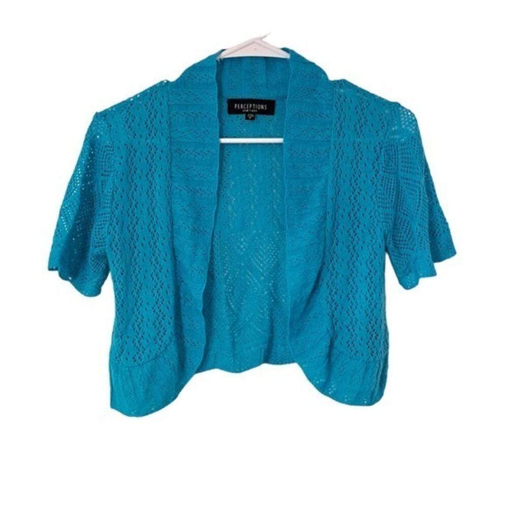 Perceptions New York Womens Crochet Knitted Short Sleeve Shrug Cardigan Blue‎ S
